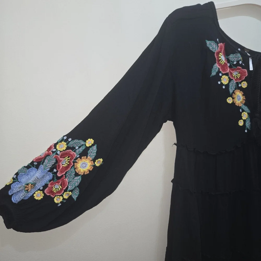 Free People Black Embroidered Balloon Sleeve Boho Oversized Tiered Dress [XS]